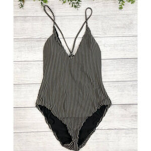 NEW BAR III Metallic Gold Stripe Black Ladies One Piece Swim S